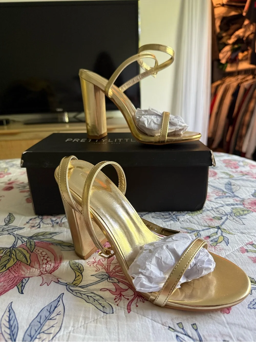 PrettyLittleThing Metallic Gold Block Heel Strappy Sandals